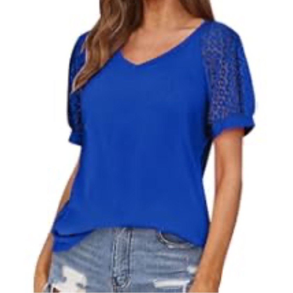 Nicole Miller royal blue lace trimmed short sleeve blouse top women's size Small